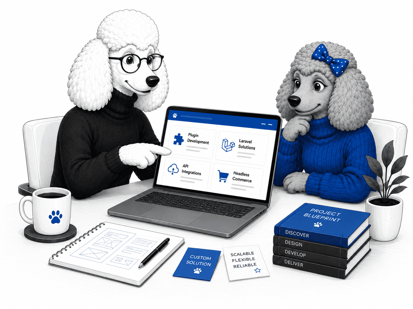 Two poodles planning a custom web development project around a laptop