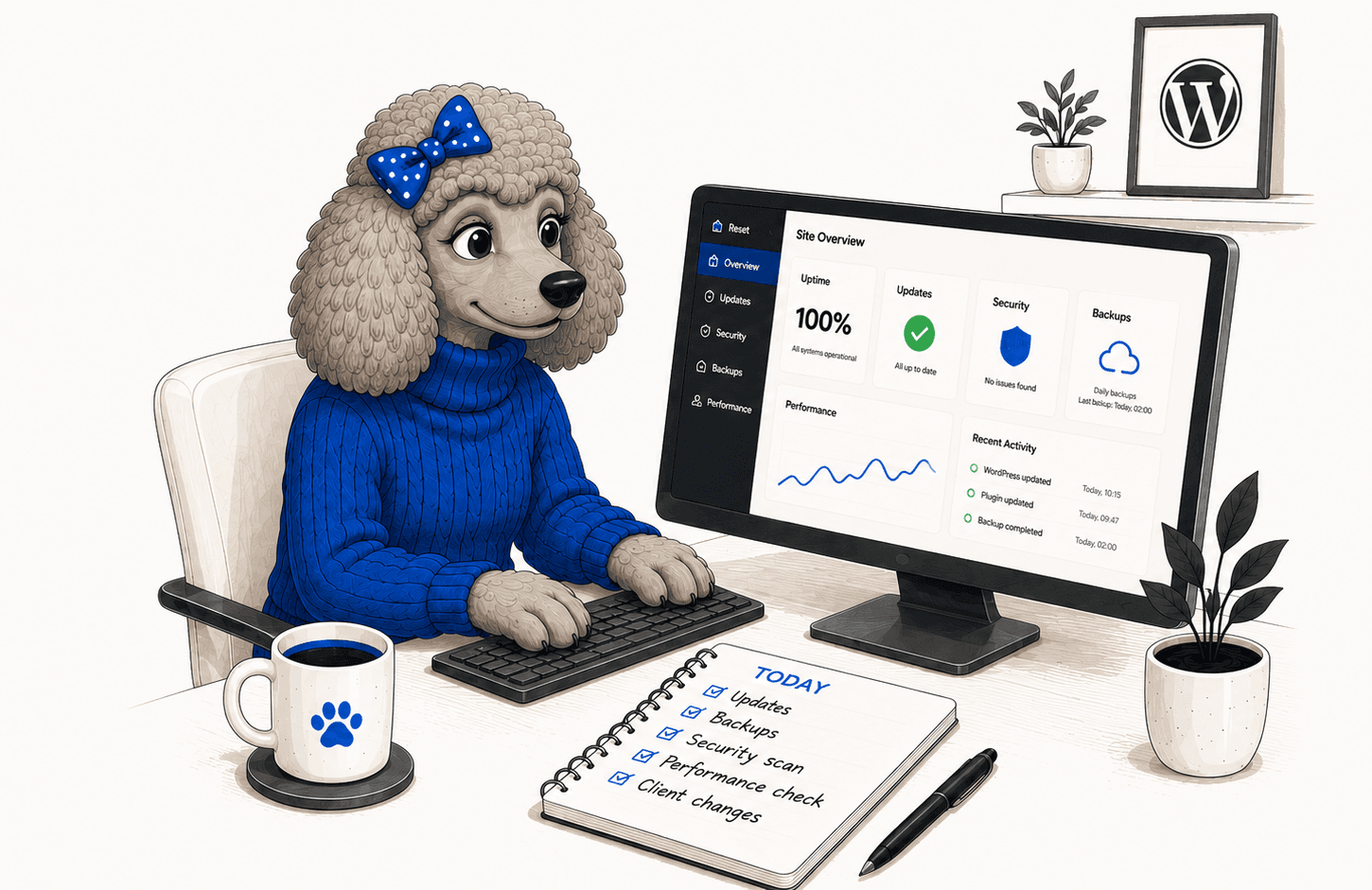 Poodle developer monitoring a WordPress website at her desk