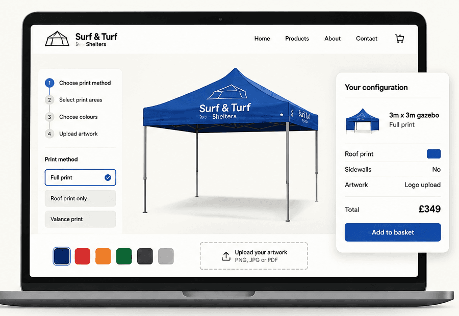 WooCommerce print customiser interface for a made-to-order gazebo