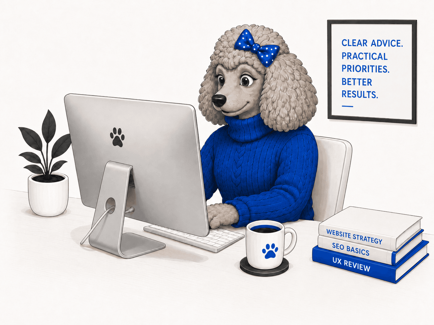 A poodle reviewing a website at a desktop computer