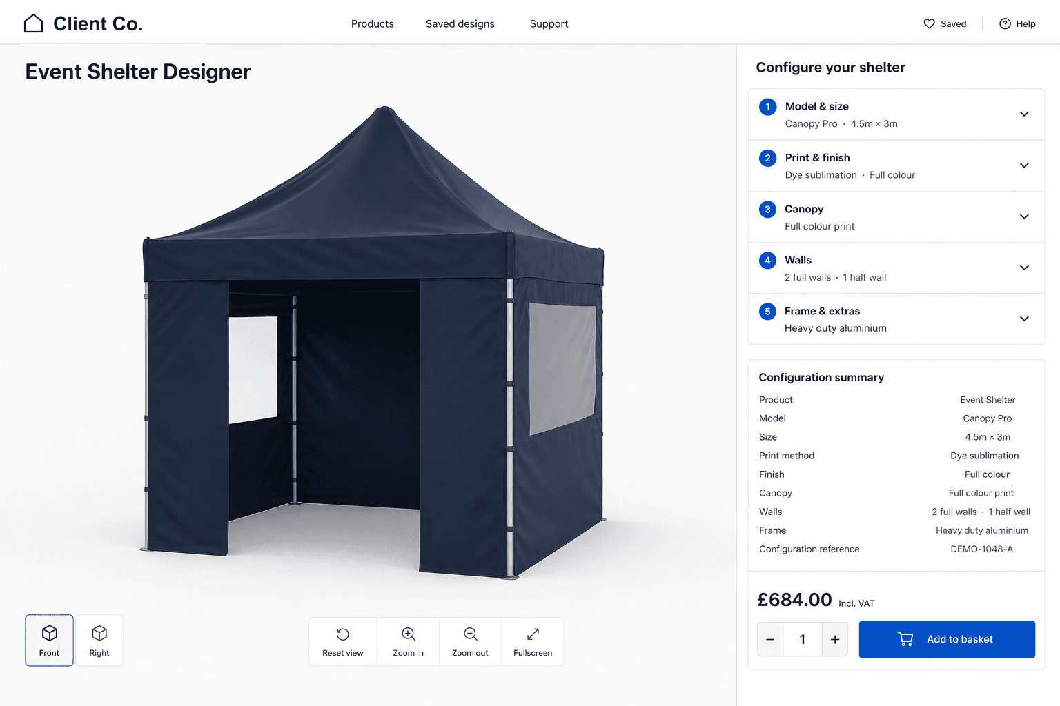 Illustrative, anonymised event shelter product configurator showing model, size, print, wall and frame choices