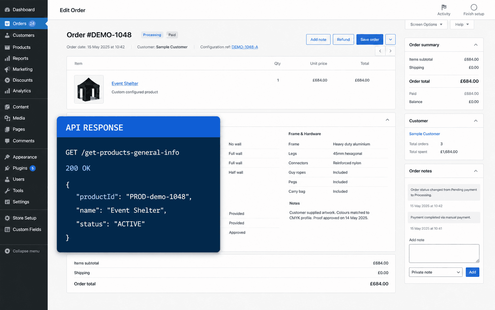 Anonymised fictional WooCommerce order showing the configured event shelter as a structured specification