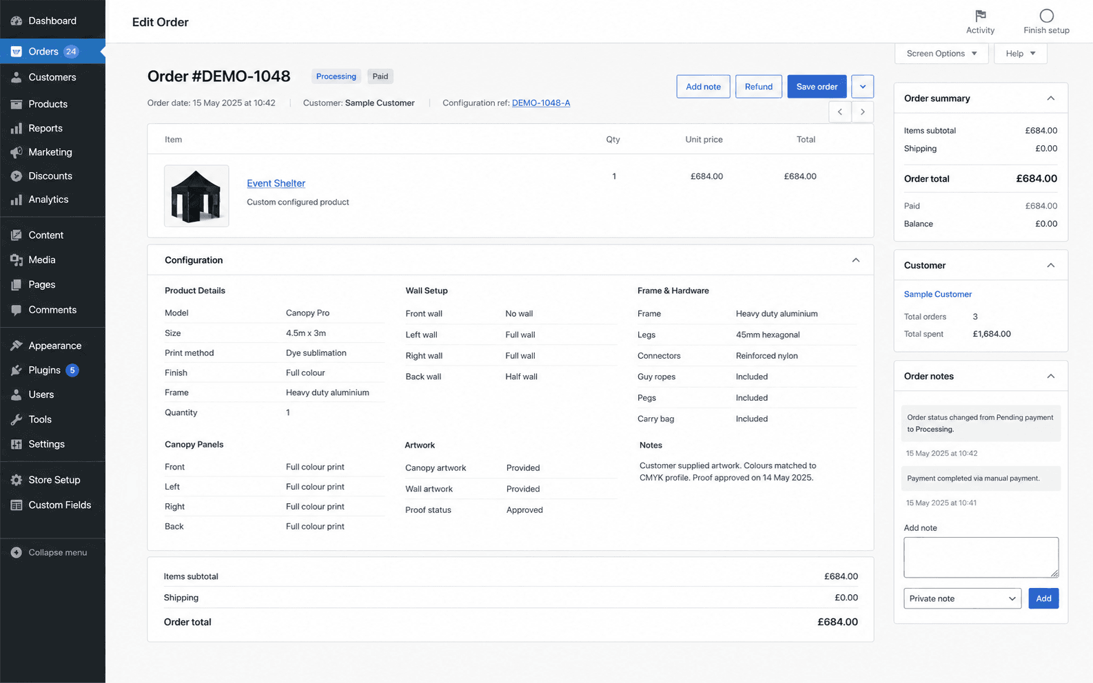 Fictional ecommerce order screen showing custom product configuration details