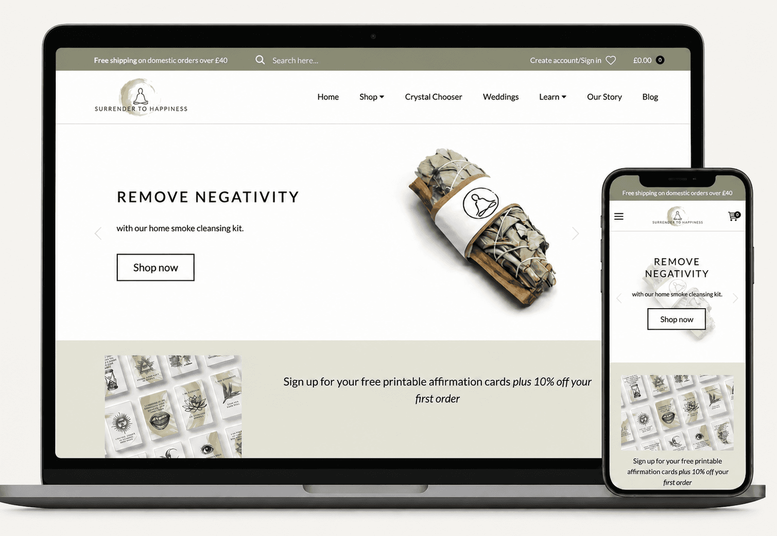 Surrender to Happiness ecommerce website shown on desktop and mobile