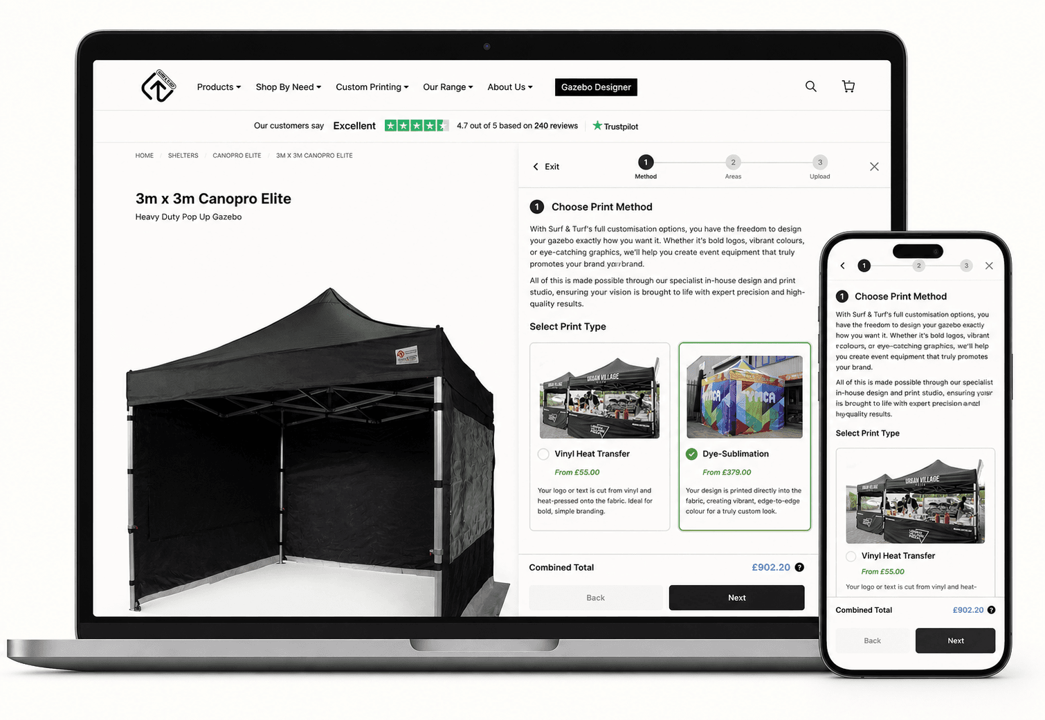 WooCommerce print customiser interface for a made-to-order gazebo
