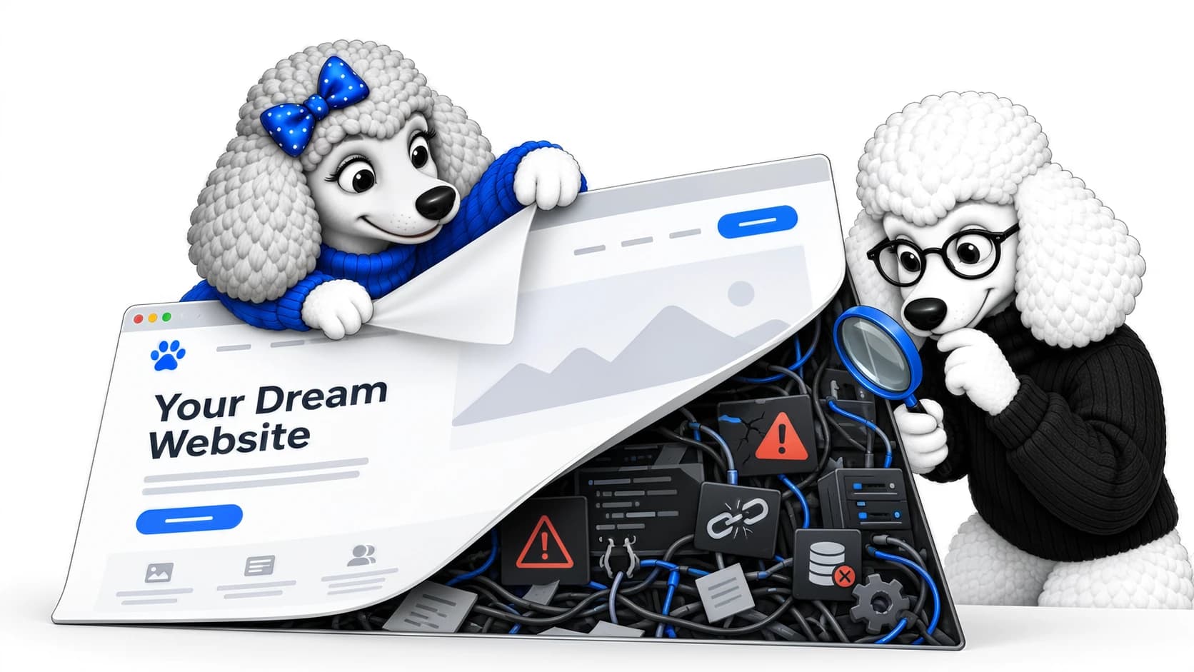 Two poodles peel back a polished website to reveal tangled code, broken links and warning signs beneath.