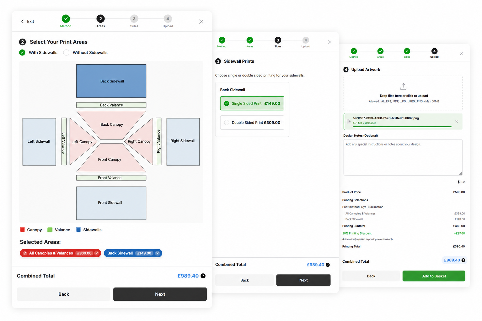 WooCommerce print customiser workflow showing printable area selection, sidewall options and artwork upload